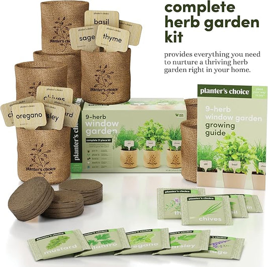 Planters' Choice 9 Herb Indoor Window Garden Kit - House Plants Seeds - Best Unique Easter Gift Ideas for Women, Mom, Friend, Her, Birthday, Housewarming, Mother - New Home Kitchen Gifts