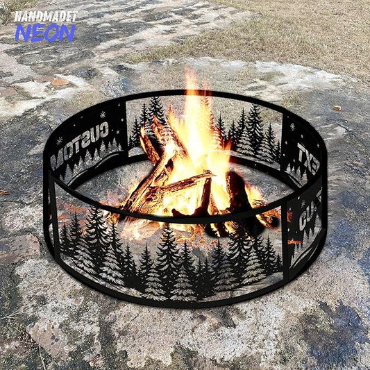 Personalized Fire Pit Ring 360 Degree, Outdoor Fireplace, Custom Text Fire Pits for Outside, Patio Firepit, Camping Bonfire Firepits, Garden BBQ Backyard Decor (Forest)