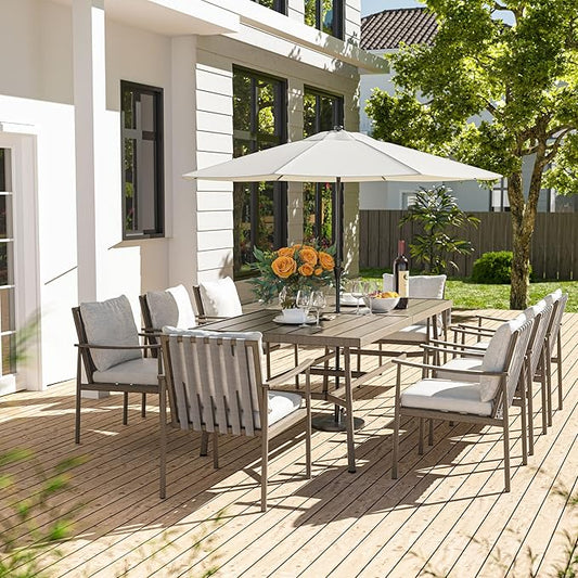 HAPPATIO 9-Piece Patio Table and Chairs Set for 8, Aluminum Outdoor Dining Set with Cushions, 8 Dining Chairs, 1 Large Rectangular Table with Umbrella Hole for Lawn, Porch, Backyard, Grey