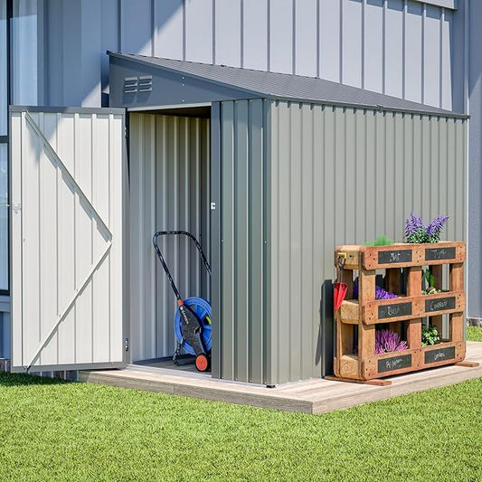 4x7 FT Metal Outdoor Storage Shed, Lean-To Garden Tool and Bike Shed with Lockable Door and Air Vents, Waterproof Sloped Roof Steel Utility Shed for Backyard, Patio,Lawn Equipment, Olive Gray