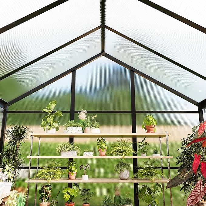 8x12 ft Greenhouse for Outdoors, Polycarbonate Greenhouse with Roof Vent, Ground Nails, Lockable Push Door, Aluminum Large Walk-in Green House for Outside Garden Backyard, Patio, Lawn, Black