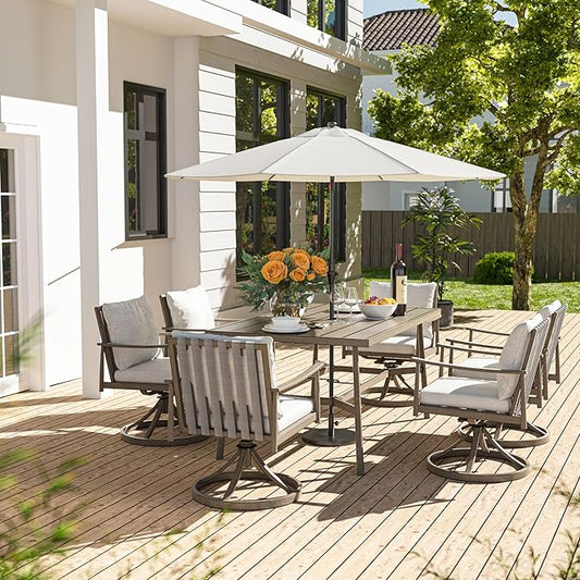 HAPPATIO 7-Piece Outdoor Dining Set for 6, Aluminum Patio Dining Set Includes 6 Swivel Dining Chairs and 1 Large Rectangular Table with Umbrella Hole, Patio Furniture Set for Lawn, Porch, Grey