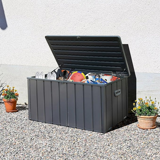 CHUNLY 120 Gallon Waterproof Deck Box with Lockable Resin Lid, Storage Bench w/Mobility Rollers, Outdoor All-weather Patio Storage Box for Outside Cushions, Garden Tools (Dark Gray)