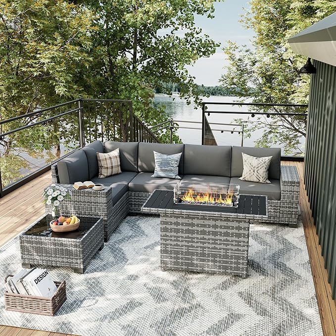 UDPATIO Patio Furniture Set with Fire Pit Table, 8 Inch Armrest Outdoor Sectional Sofa, 7 Piece Wicker Outdoor Furniture Conversation Sets with Waterproof Cover for Backyard Deck(Grey/Dark Grey)