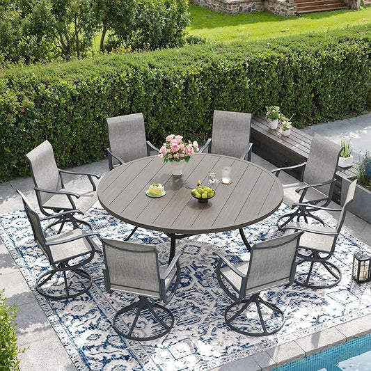 DIFY 60" Round Outdoor Patio Dining Table for 8-10, Metal Patio Table with 1.57" Adjustable Umbrella Hole, All-Weather Dining Furniture Table for Backyard Lawn Garden, Grey Wood-Like