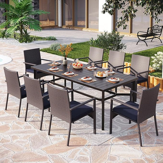 PHI VILLA 9 Pieces Outdoor Dining Set for 8, Rectangle Large Metal IronTable with Umbrella Hole & Cushioned Wicker Chairs, Large Dining Furniture for Patio, Deck, Yard, Porch