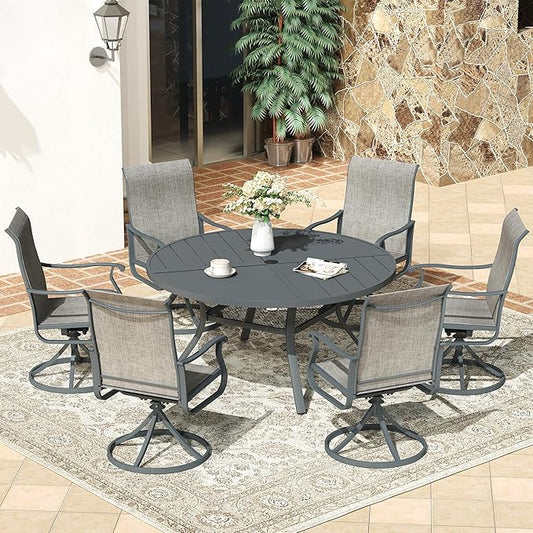 VICLLAX Round Patio Dining Table, 4-6 Person Metal Outdoor Dining Table with Umbrella Hole and Storage Shelf for Garden Lawn Deck, 47.2" Dark Grey