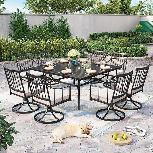 Sophia & William 60" Large Outdoor Patio Table for 8, Outdoor Square Metal Dining Table with 1.9" Adjustable Umbrella Hole, All Weather Wrought Iron Furniture Black Table for Garden Deck