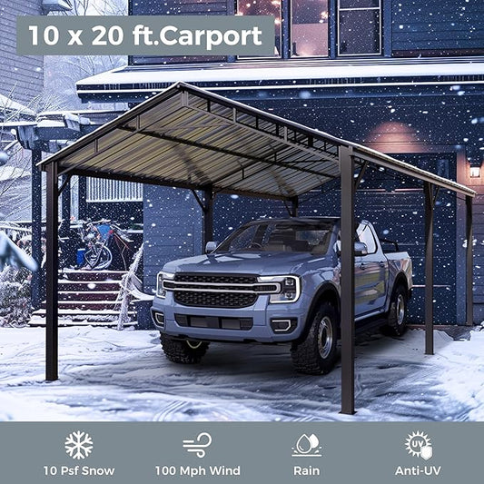 GREEN PARTY 10 x 20 ft Metal Carport Kits with Galvanized Steel Roof, Heavy Duty Metal Carport Canopy, Outdoor Car Tent Metal Garage Shelter for Car, SUV, Truck and Boats, Grey