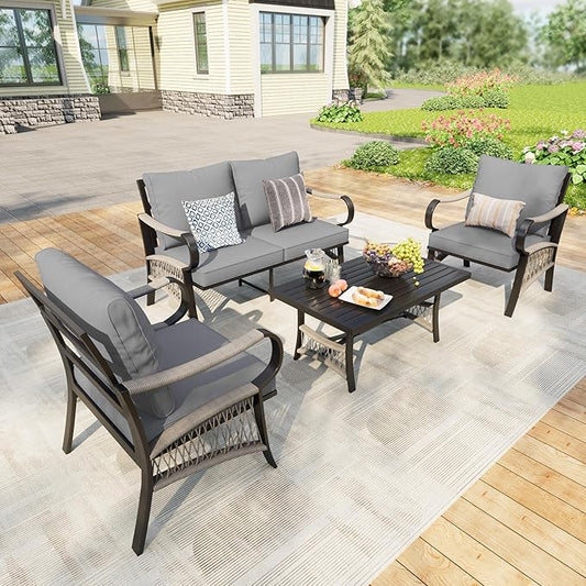 4 Pieces Outdoor Patio Furniture Set, All Weather Metal Loveseat Sofa Chairs with Coffee Table, Conversation Sets for Backyard Garden Deck Poolside Porch, Gray