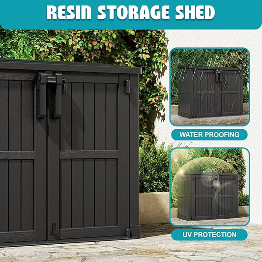 Horizontal Resin Storage Shed 36 Cu Ft with Lockable Doors, Portable Outdoor Storage Cabinet -Waterproof Outdoor Storage Box for Backyards, Easy to Assemble Black