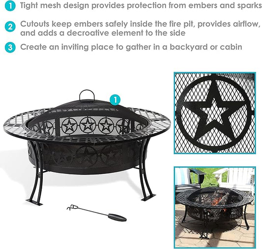 Sunnydaze 40-Inch Round Steel Fire Pit Table with Durable Spark Screen and Poker - Portable Design - Black - Four Star
