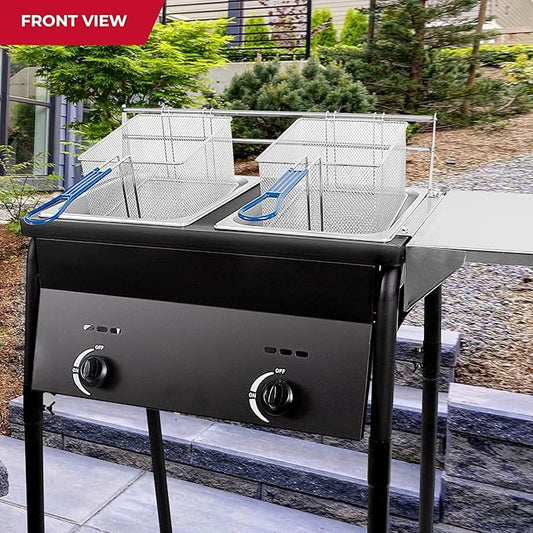 Cast Iron Black Deep Fryer | Two Tank Outdoor Propane Deep Fryer With 2 Stainless Steel Baskets & Lids | Adjustable Temperature Gas Fryer With Regulating Knobs | Large Oil Tanks Capacity