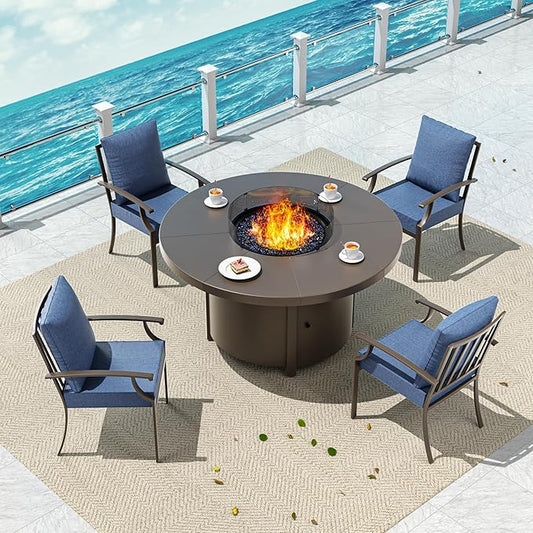 5 Pieces Patio Furniture Set with Round Fire Pit Table, Outdoor Conversation Sets 4 Chairs with Upgrade Cushions for Patio, Backyard Dark Blue