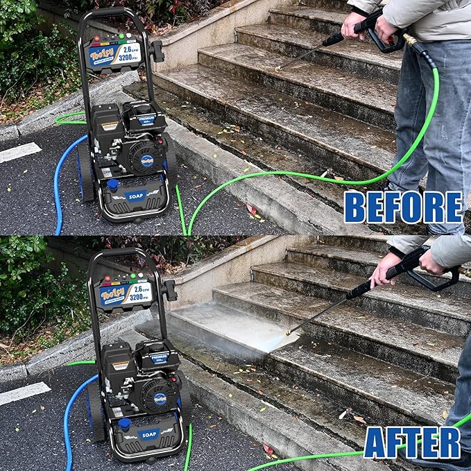 TOOLCY Gas Powered Pressure Washer, 3200 PSI and 2.6 Max GPM, 35FT Extended Power Hose, Kink-Less Swivel Gun with & 5 Nozzles, Reinforced Pump, for Cars/Fences/Driveways/Homes/Patios