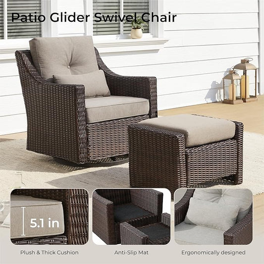 CHITA 2 Pieces Patio Wicker Chairs, 360° Rocking Swivels Outdoor Rattan Chair with Thickened Cushions for Backyard, Poolside, Garden or Porch