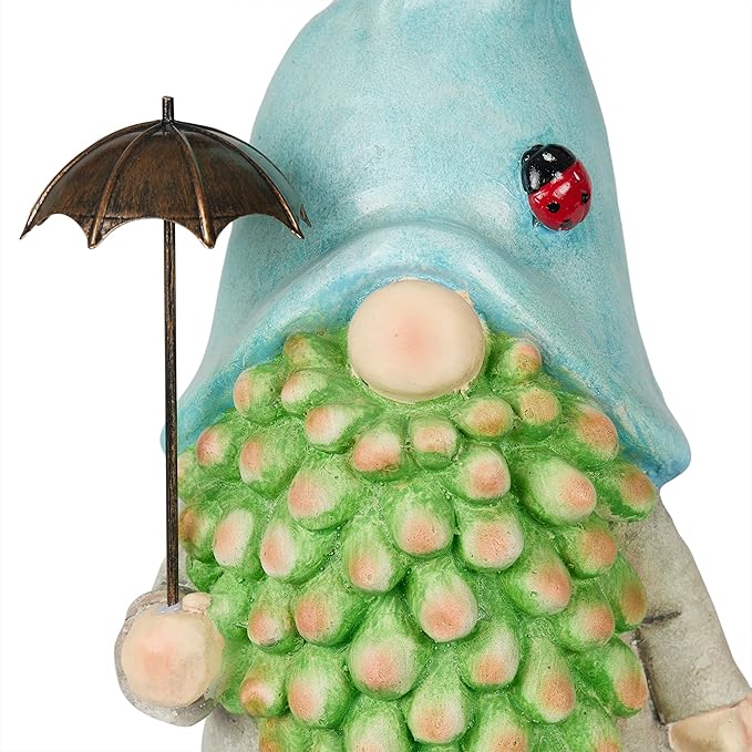 Alpine Corporation 18" Tall Outdoor Turquoise Hat Gnome Statue Holding Silver Umbrella, Playful Weatherproof Garden Decor