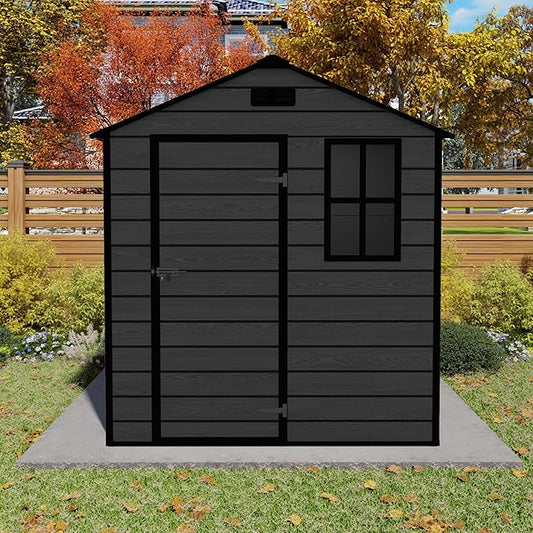 Outdoor Storage Resin Shed with Floor, Waterproof Plastic Garden Bike Shed with Lockable Door, Sloped Roof, Vents & Windows, Tool Shed for Patio, Backyard, Lawn (Wood Grain Black, 5.5X5.5FT)