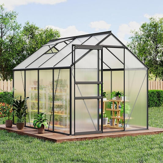 GarveeHome 6 x 8 FT Polycarbonate Greenhouse, Winter Greenhouses for Outdoors with Aluminum Frame, Sliding Door, Adjustable Roof Vent, Backyard Green Houses, Patio Garden, Black