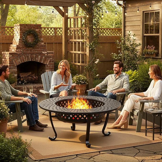 Wisteria Lane 3 in 1 43" Extra Large Fire Pit for Outside Wood Burning with 2 Adjustable Grills, Outdoor Fireplace with Lid and Fire Poker, BBQ & Bonfire & Round Metal Table for Patio, Backyard