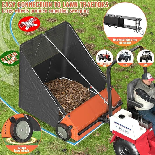 50" Tow Behind Lawn Sweeper,Pull Behind Lawn Sweeper,with 26 cu. ft. Large Capacity Leaf Collector,Adjustable Sweeping Height for Yard,Farm