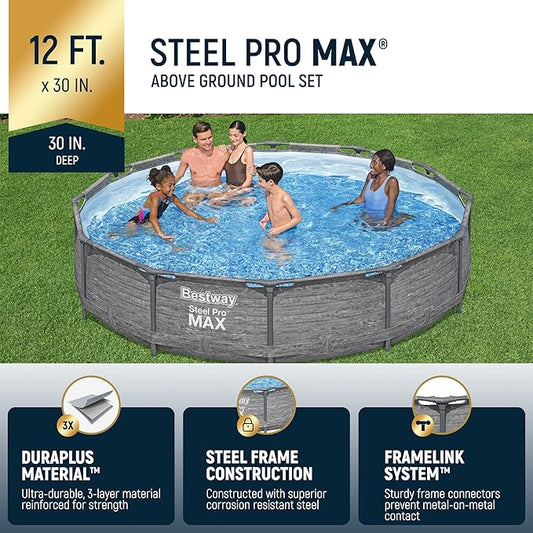 Bestway Steel Pro MAX 12' x 30" Round Above Ground Swimming Pool Set Outdoor Metal Frame Family Pool with Liner and Filter Pump, Gray