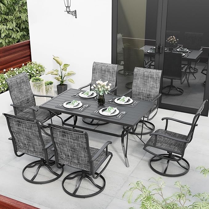 7-Piece Outdoor Dining Set, Patio Furniture Set with Textilene Swivel Chairs, Outdoor Table & 6 Chairs for Garden, Backyard, Poolside, Deck, Charcoal