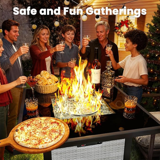Propane Fire Pit Table, Outdoor Fire Pit Table, 28" Rattan Square Outdoor Gas FirePit with Glass Wind Guard, Tempered Glass Tabletop, Lid, CSA Listed, 50,000 BTU, Outside Patio & Garden, Gray-White