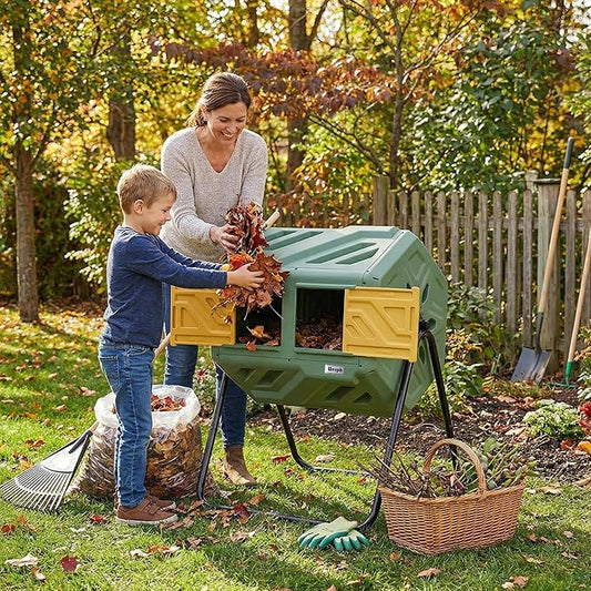 Werph Updated 43 Gallon Dual-Chamber Compost Bin, Fast Assembly Outdoor Compost Tumbler, Rotating Batch Composter Bin with Gloves for Garden, Kitchen, and Yard