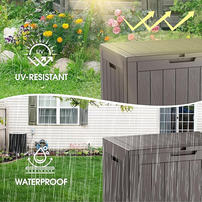 NUNU LAB 35 Gallon Outdoor Storage Box Waterproof, Outside Package Delivery Deck Boxes with Lockable Lid, Backyard Storage Bin For Garden Tools, Patio Cushions, Pool Accessories, Gray