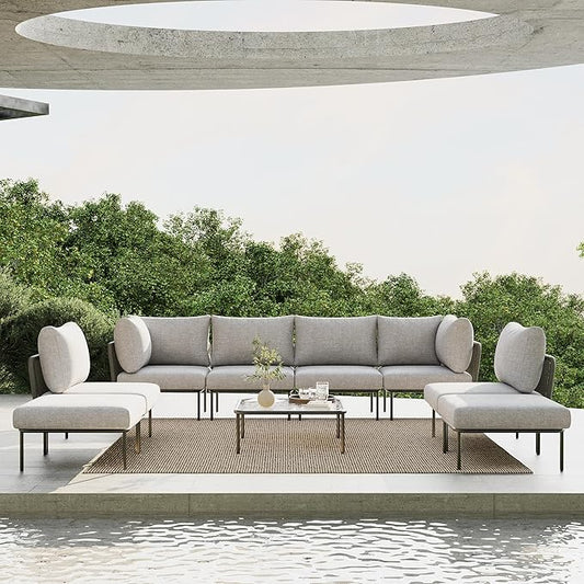 9 Piece Modern Outdoor Rope Wicker Sectional Patio L-Shaped Conversation Sofa Set Deep Seating with Thick Cushions