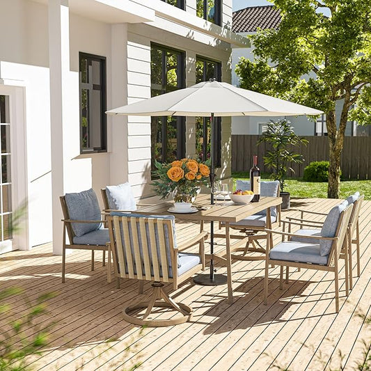 HAPPATIO 7-Piece Outdoor Dining Set for 6, Aluminum Patio Dining Set Includes 4 Dining Chairs, 2 Swivel Dining Chairs, and 1 Large Rectangular Table with Umbrella Hole, for Lawn Porch Backyard, Brown