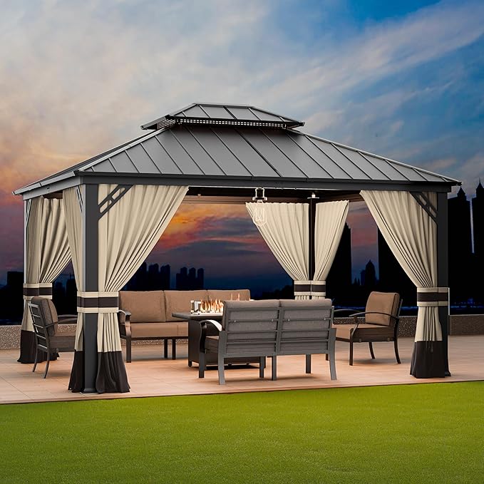 12’x14’ Hardtop Gazebo Outdoor Aluminum Frame Permanent Gazebo Galvanized Steel Double Roof Pergola with Nettings and Curtains for Patio, Lawns,Backyard,Deck(Brown)