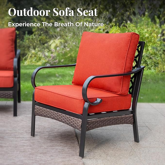 Patio Furniture Set with Firepit Table, Black Frame Outdoor Conversation Set with 4 x Fixed Chairs, 1 x 3-Seat Sofa for Lawn Garden Backyard, Red