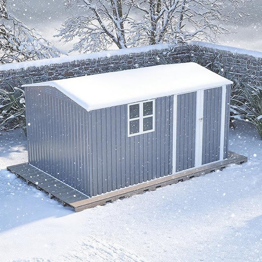 8x12 FT Metal Outdoor Storage Shed with Window & Reinforced Floor Frame, Lockable Double Doors, Weatherproof Steel Garden Tool Shed for Backyard, Lawn Equipment & Patio Organization