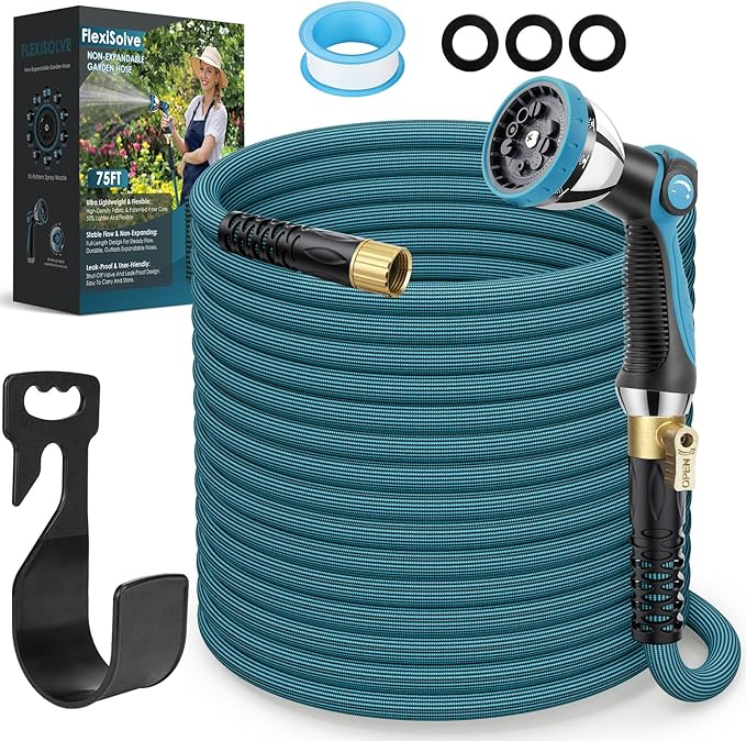 Garden Hose 75 ft Non-Expandable - Ultra Lightweight Super Flexible & Kink-Free Water Hose with Shut-Off Valve, 10-Pattern Nozzle & Holder, Leakproof Heavy Duty Hose for Yard Outdoor, Blue