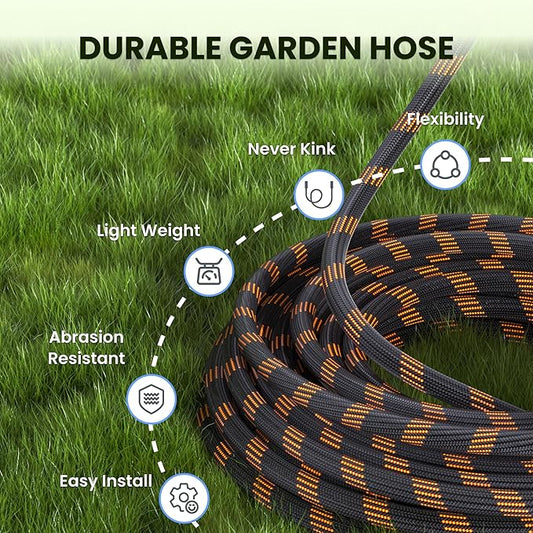 Giraffe Tools Non-Expandable Garden Hose 50FT 1/2” Lightweight Flexible Water Hoses Burst 600 psi with 9 Spray Function Nozzle Heavy Duty Hose