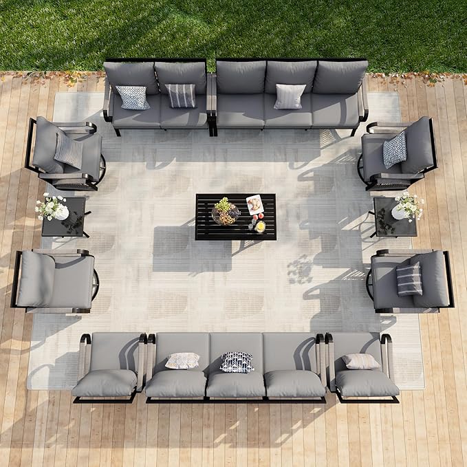 12-Piece Patio Conversation Sets, All Weather Metal Outdoor Furniture Set Includes 2 Three-Seater 4 Swivel Rockers with 2 Side Tables 1 Loveseat with Coffee Table 2 Single Chairs for Deck Porch, Gray