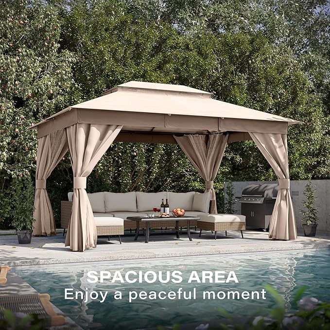 LAUSAINT HOME Gazebo 10x13ft, Heavy Duty Patio Gazebo with Expansion Bolts, Party Canopy Tent with Double Roofs, Mosquito Nettings and Privacy Screens for Backyard, Garden, Lawn, Champagne