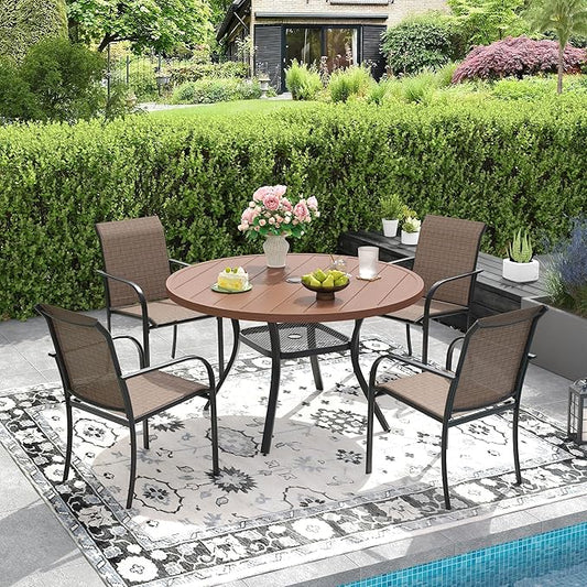 DIFY Outdoor Dining Table for 4 Person, 40.6"x 40.6" All Weather Round Patio Metal Table with 1.57" Umbrella Hole for Poolside Garden and Backyard, Walnut