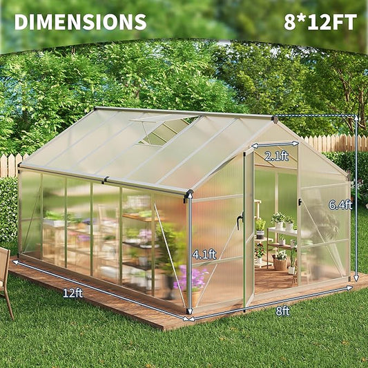 8 x 12 ft Greenhouse, Greenhouses for Outside, Polycarbonate Greenhouse with Aluminum Frame, Lockable Door and Ajustable Roof Vent for Backyard, Green Houses for Outside Garden Backyard, Patio