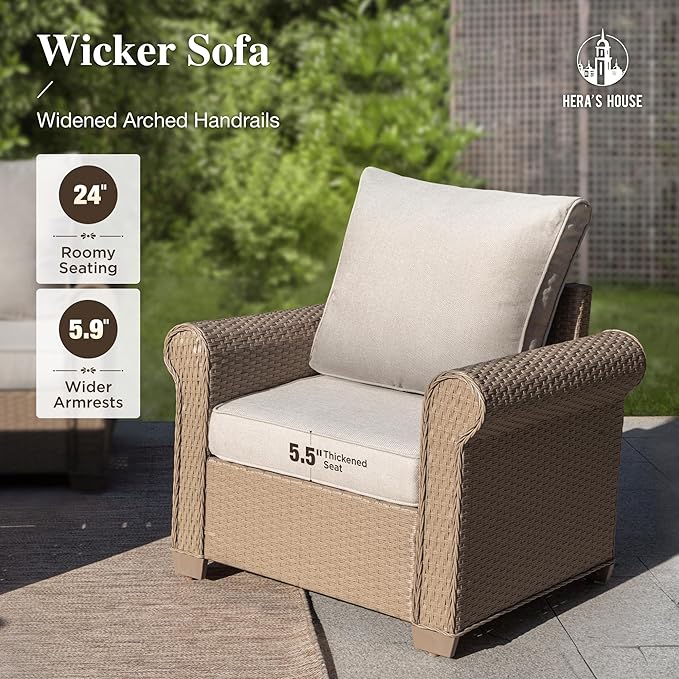 HERA'S HOUSE 6-Piece Patio Furniture Set, All Weather 7 Seats Outdoor Wicker Sofa with 57" Fire Pit Table, 5.5" Thick Waterproof Cushion Conversation Couch Set for Garden Deck Backyard, Beige