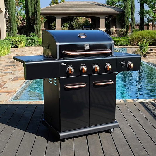 Kenmore 4-Burner BBQ Gas Grill with Searing Side Burner, Propane Grill, 52,000 BTUs, Warming Rack, Electronic Ignition & Cast Iron Cooking Grates, Black/Copper