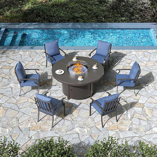 7 Pieces Patio Furniture Set with Round Fire Pit Table, Outdoor Conversation Sets 6 Chairs with Upgrade Cushions for Patio, Backyard Dark Blue
