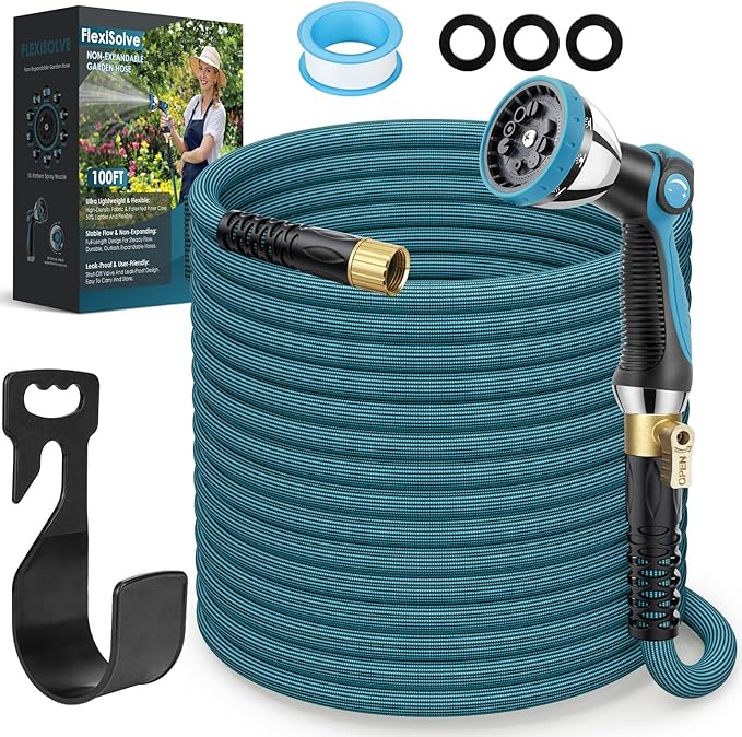 Garden Hose 100 ft Non-Expandable - Ultra Lightweight Super Flexible & Kink-Free Water Hose with Shut-Off Valve, 10-Pattern Nozzle & Holder, Leakproof Heavy Duty Hose for Yard Outdoor, Blue