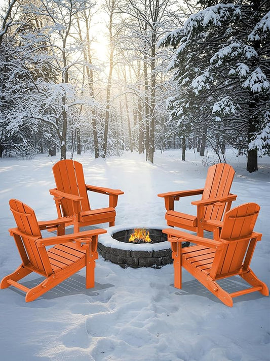 KINGYES Folding Adirondack Chair Set of 4, Dual Cup Holders & All-Weather HDPE, Wood-Like Patio Chair for Backyard, Camping, Pool & Fire Pit, Orange