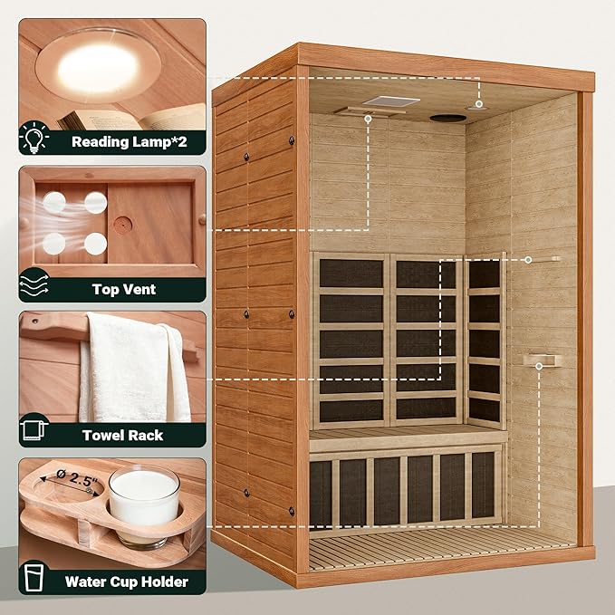 Polar Aurora 2- Person Infrared Sauna, Remotely Controllable Indoor Sauna, Low EMF 1500W/120V LCD Heater, WiFi & BT Control, 9-Color Light Therapy, Safe Flame-Retardant Material, Wood