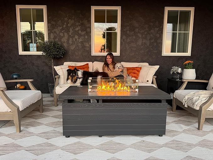 Sundale 51 Inch Outdoor Fire Pit Table, 50,000BTU Rectangle Propane Fire Pit with Sliding Tank Holder, Glass Wind Guard, Removable Lid, CSA Certified, Gray