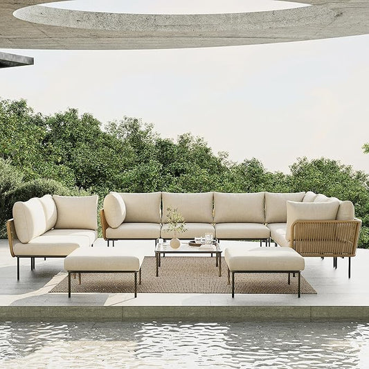 11 Piece Modern Outdoor Rope Wicker Sectional Patio L-Shaped Conversation Sofa Set Deep Seating with Thick Cushions