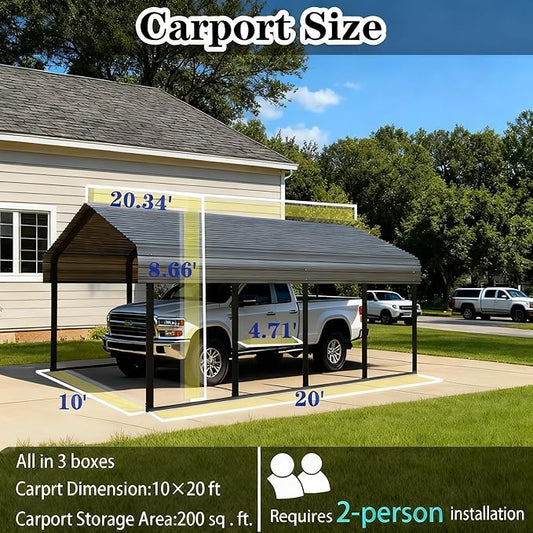 Heavy Duty Metal Carport Galvanized Steel Carport Shelter for 2 Car Extra Large Canopy for Dual Vehicle, RV Boat Storage All Weather Protection Garage Party Tent (10x20 FT)
